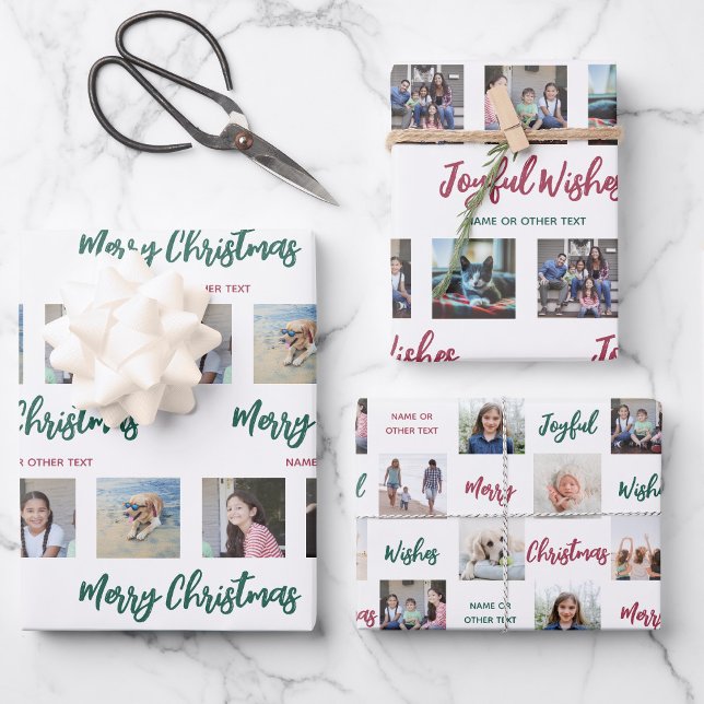 Any Text Photo Collage Brushed Red Green Christmas Wrapping Paper Sheet (Creator Uploaded)