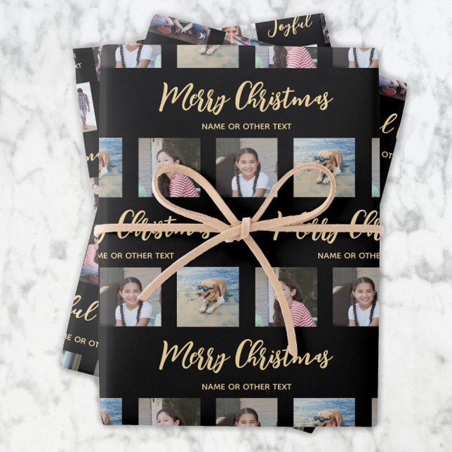 Any Text Photo Collage Chic Black & Gold Christmas Wrapping Paper Sheet (Creator Uploaded)