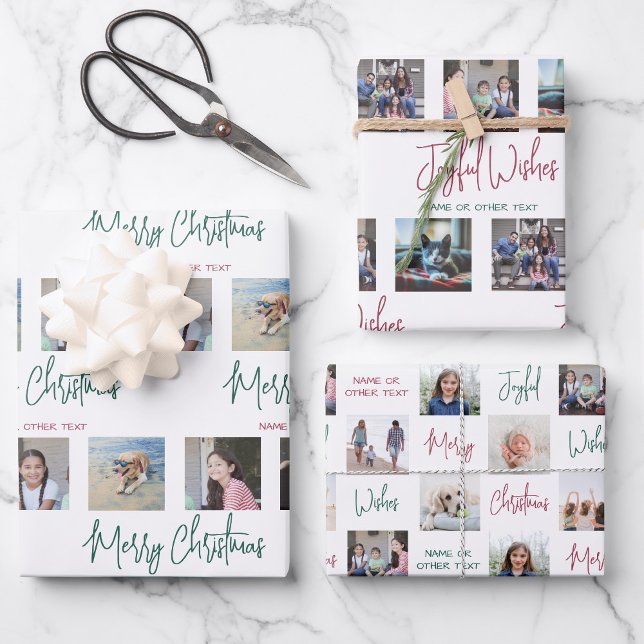 Any Text Photo Collage Modern Script Christmas Wrapping Paper Sheet (Creator Uploaded)