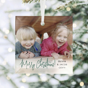 Any Text Photo Overlay Modern Simple Green Script Glass Tree Decoration