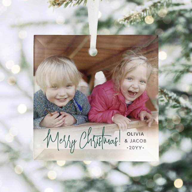 Any Text Photo Overlay Modern Simple Green Script Glass Tree Decoration (Creator Uploaded)