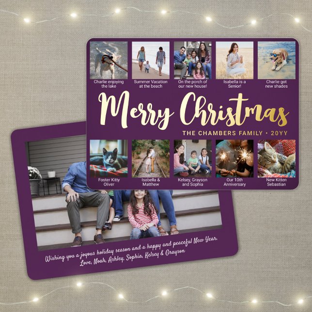 Any Text Purple 11 Photo Collage Simple Script Foil Holiday Card (Creator Uploaded)