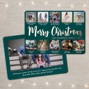 Any Text Teal 11 Photo Collage Trendy Script Foil Holiday Card