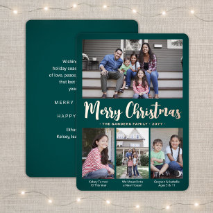 Any Text Teal 4 Photo Collage Trendy Script Foil Holiday Card