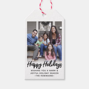 Any Text Trendy Brushed Script Photo Black & White Gift Tags