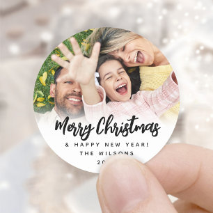 Any Text Trendy Script Christmas Photo Black White Classic Round Sticker