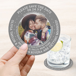 Any Text Wedding Save the Date Photo Grey & White Round Paper Coaster