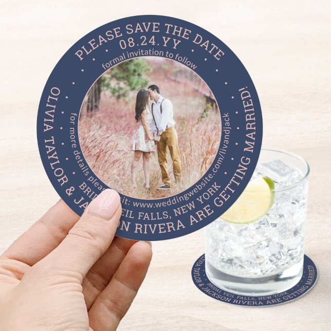 Any Text Wedding Save the Date Photo Navy and Pink Round Paper Coaster (Creator Uploaded)