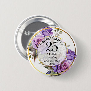 Any Wedding (25) Gold Frame Roses Anniversary 6 Cm Round Badge