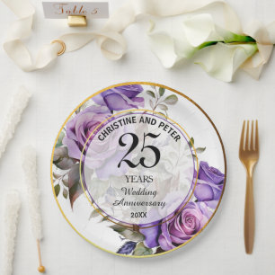 Any Wedding (25) Gold Frame Roses Anniversary Paper Plate