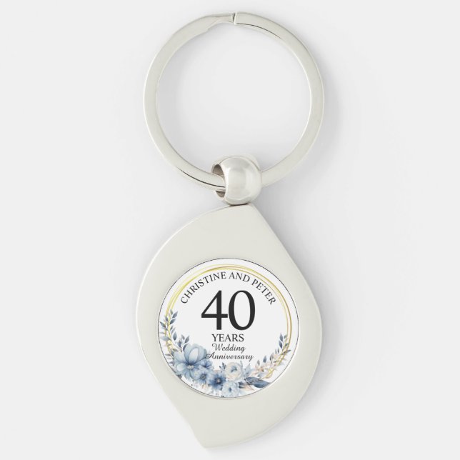 Any Wedding (40) Elegant Blue Floral Anniversary Key Ring (Front)