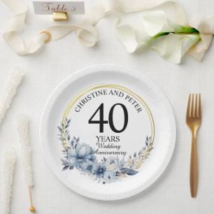 Any Wedding (40) Elegant Blue Floral Anniversary Paper Plate