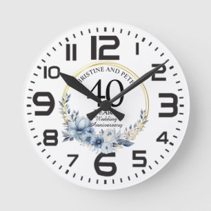 Any Wedding (40) Elegant Blue Floral Anniversary Round Clock