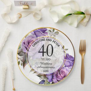 Any Wedding (40) Gold Frame Roses Anniversary Paper Plate
