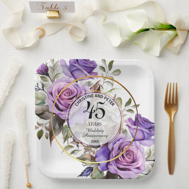 Any Wedding (45) Gold Frame Roses Anniversary Paper Plate (Wedding)