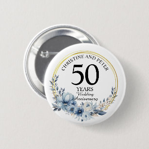 Any Wedding (50) Elegant Blue Floral Anniversary 6 Cm Round Badge
