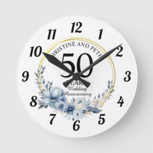 Any Wedding (50) Elegant Blue Floral Anniversary Round Clock