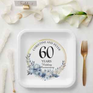 Any Wedding (60) Elegant Blue Floral Anniversary Paper Plate