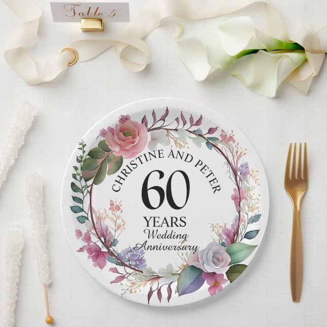 Any Wedding (60) Elegant Floral Anniversary Paper Plate (Wedding)