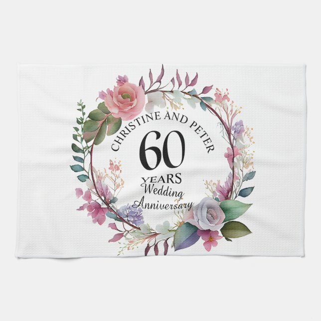 Any Wedding (60) Elegant Floral Anniversary Tea Towel (Horizontal)