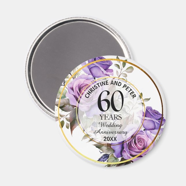 Any Wedding (60) Gold Frame Roses Anniversary Magnet (Front/Back)