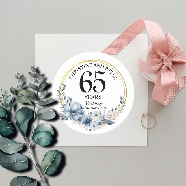 Any Wedding (65) Elegant Blue Floral Anniversary Classic Round Sticker (Creator Uploaded)
