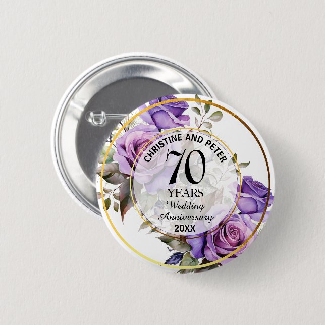Any Wedding (70) Gold Frame Roses Anniversary 6 Cm Round Badge (Front & Back)