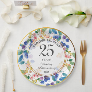 Any Wedding Anniversary (25) Gold Frame Berries Paper Plate