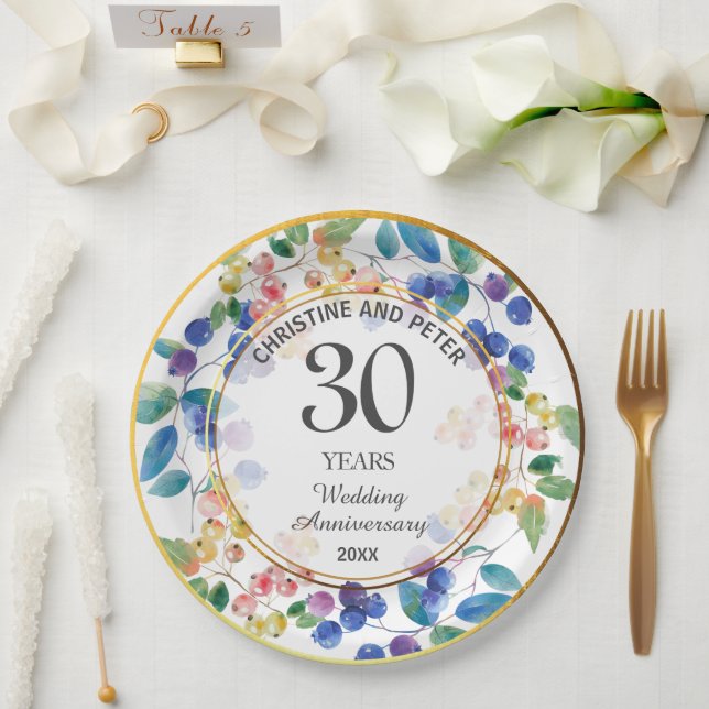 Any Wedding Anniversary (30) Gold Frame Berries Paper Plate (Wedding)