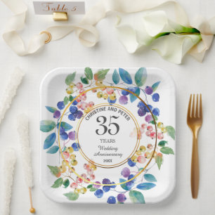 Any Wedding Anniversary (35) Gold Frame Berries Paper Plate