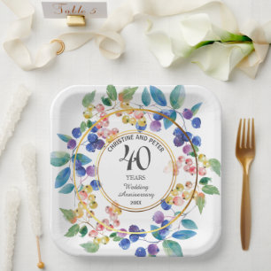 Any Wedding Anniversary (40) Gold Frame Berries Paper Plate
