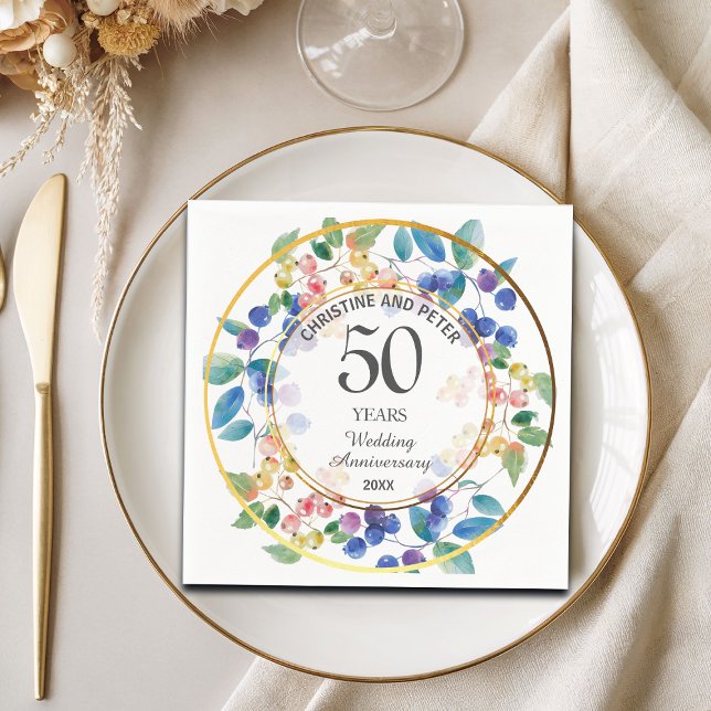 Any Wedding Anniversary (50) Gold Frame Berries Napkin (Creator Uploaded)