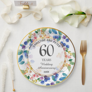 Any Wedding Anniversary (60) Gold Frame Berries Paper Plate