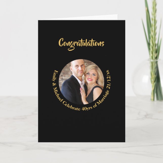 ANY Wedding Anniversary Black Gold Marble PHOTO Card (Front)