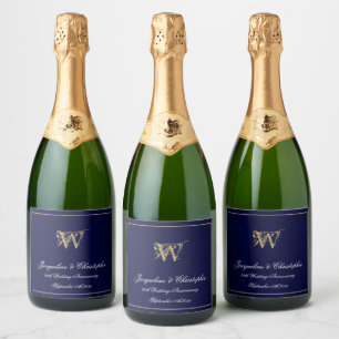 Any Wedding Anniversary Monogram Chic Navy Blue    Sparkling Wine Label