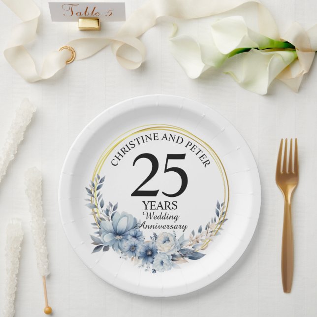 Any Wedding Elegant Blue Floral Anniversary Paper Plate (Wedding)