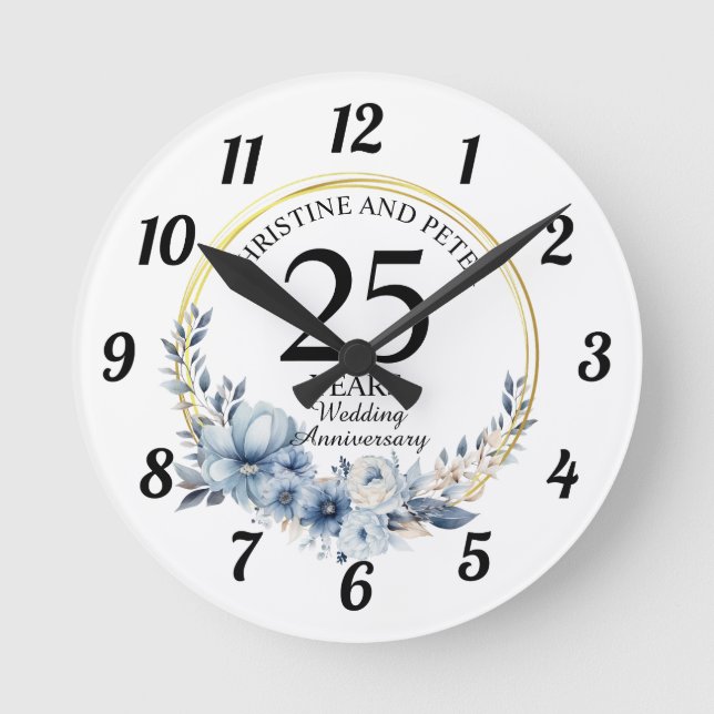 Any Wedding Elegant Blue Floral Anniversary Round Clock (Front)