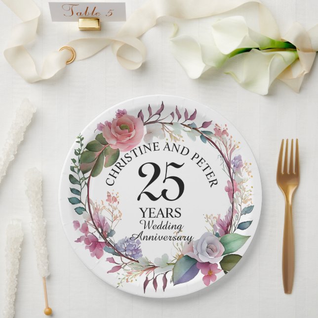 Any Wedding Elegant Floral Anniversary Paper Plate (Wedding)