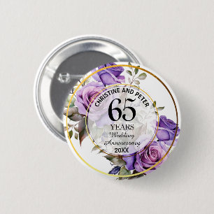 Any Wedding Gold Frame Purple Roses Anniversary  6 Cm Round Badge