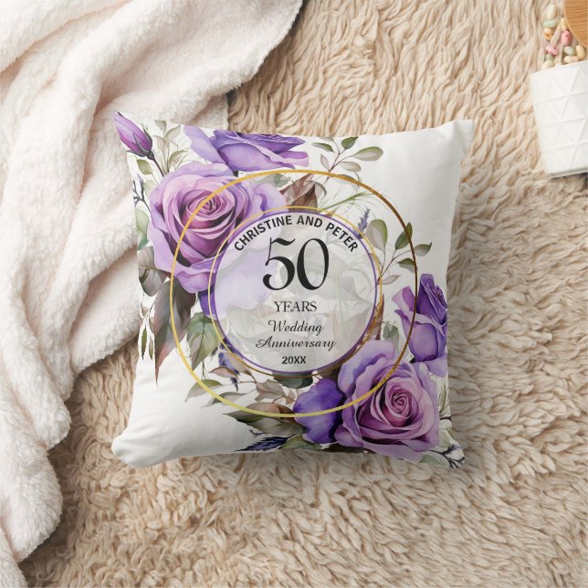 Any Wedding Gold Frame Purple Roses Anniversary Cushion (Blanket)