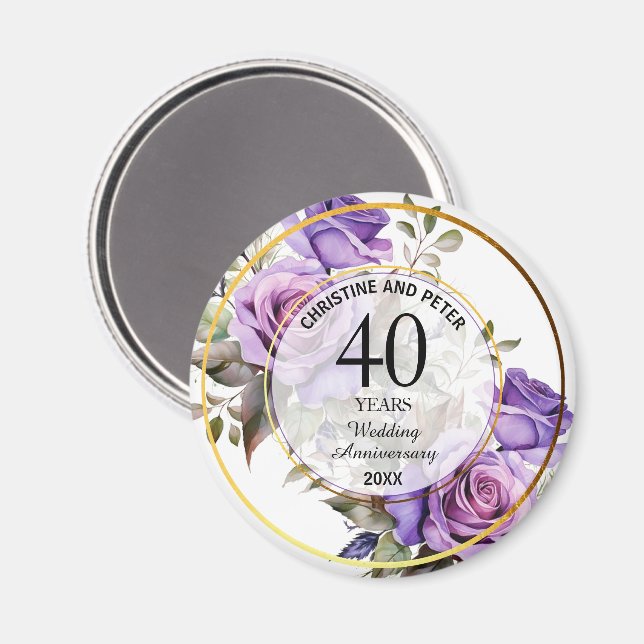 Any Wedding Gold Frame Purple Roses Anniversary  Magnet (Front/Back)