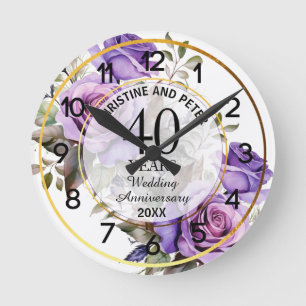 Any Wedding Gold Frame Purple Roses Anniversary Round Clock