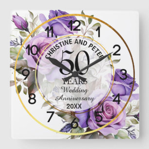 Any Wedding Gold Frame Purple Roses Anniversary  Square Wall Clock