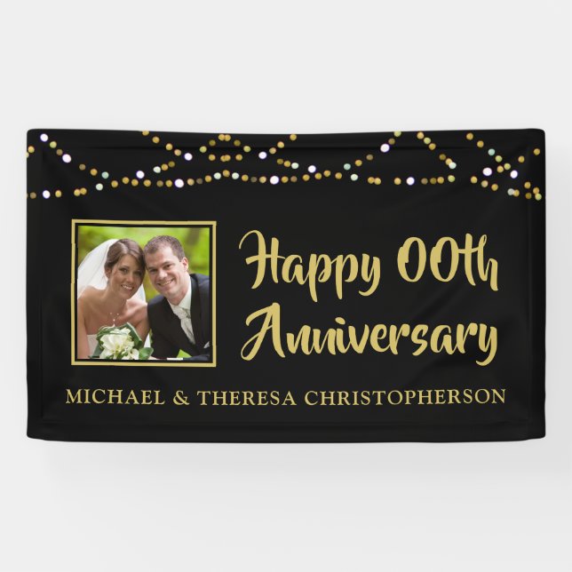 Any Year Anniversary Photo Black Gold String Light Banner (Horizontal)