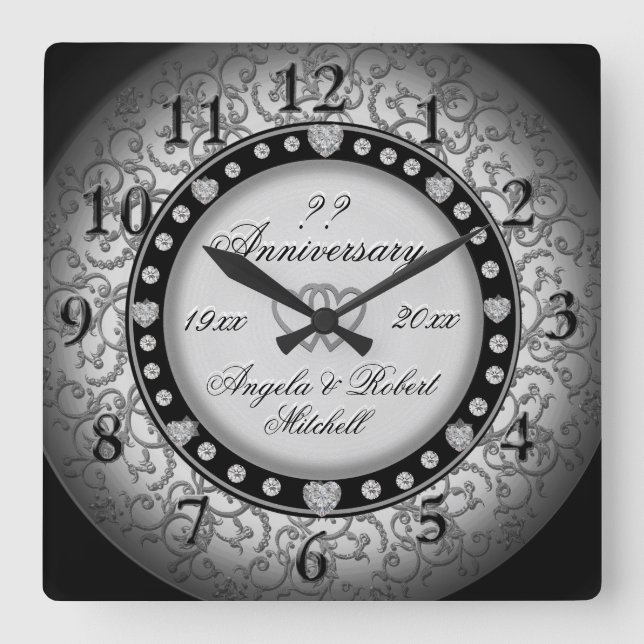 Any Year Anniversary Silver Look Square Wall Clock (Front)