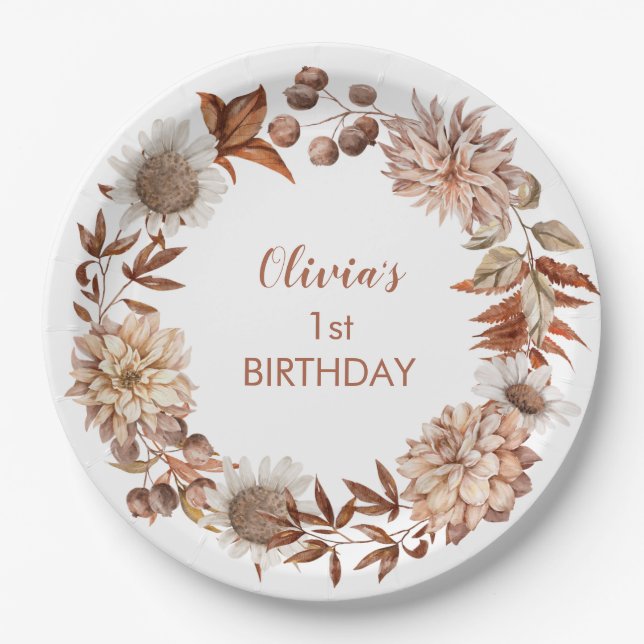 Any Year Autumn Floral Fall Birthday  Paper Plates (Front)