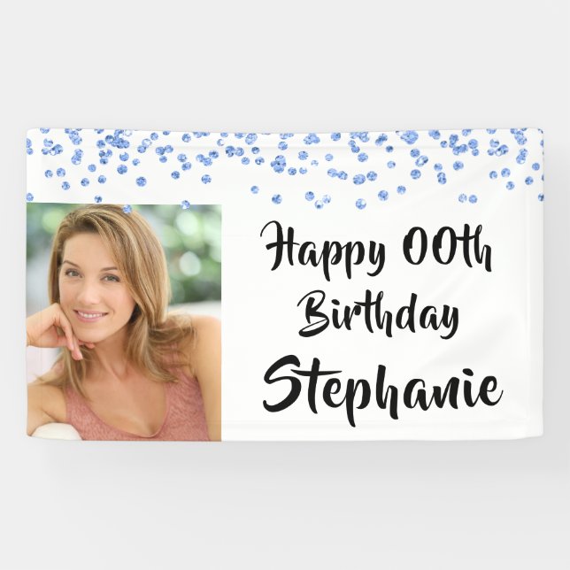 Any Year Birthday Blue Confetti Brush Script Photo Banner (Horizontal)