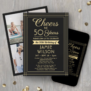 Any Year Birthday Cheers Black and Gold 4 Photo Invitation
