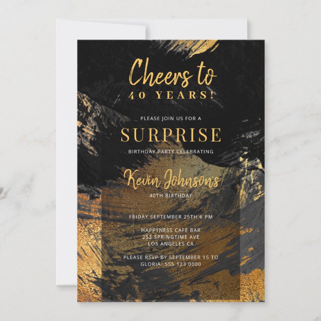 Any year birthday cheers black gold invitation (Front)