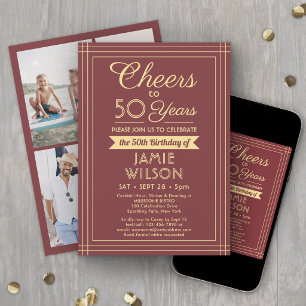 Any Year Birthday Cheers Burgundy & Gold 4 Photo Invitation